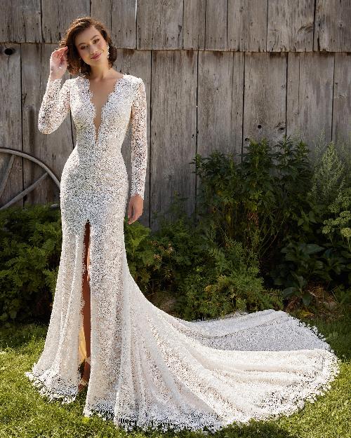 Lp2215 low back boho wedding dress with long sleeves  slit and lace1